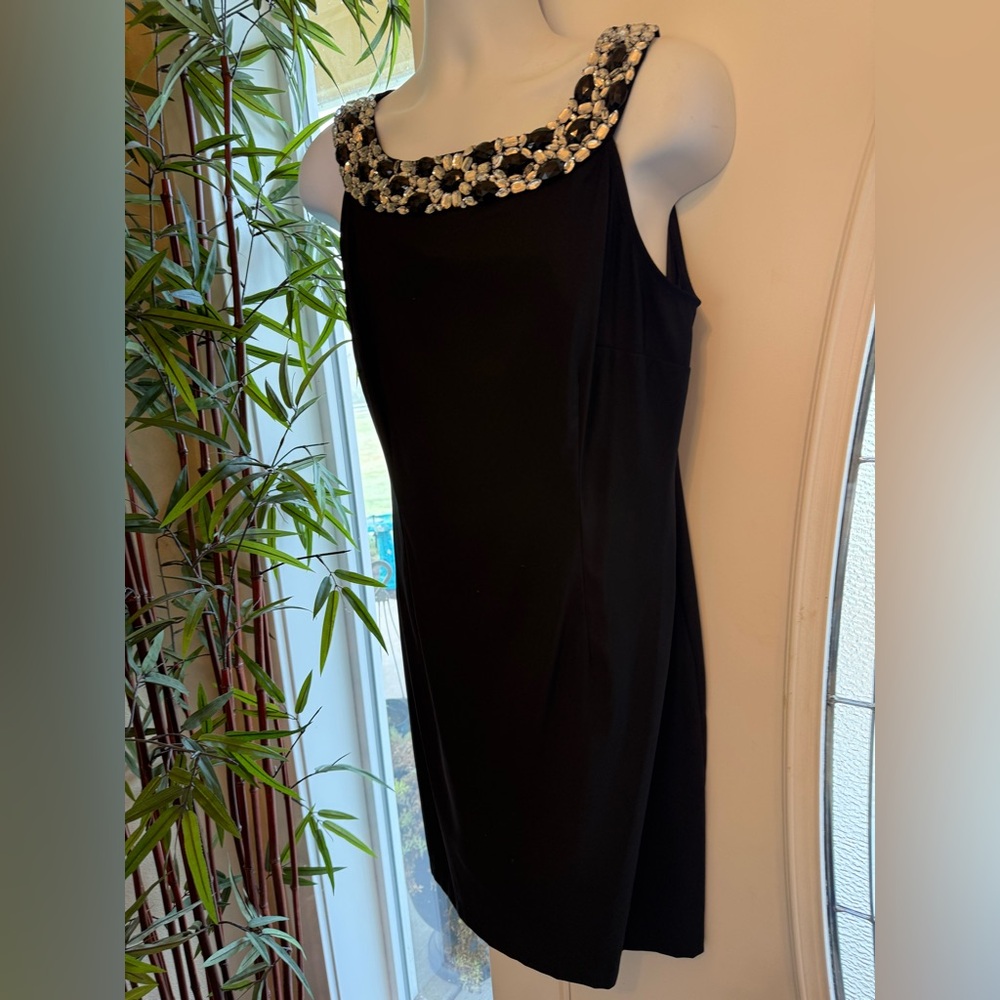 Connected Apparel Black Mini Dress with Embellished Neckline